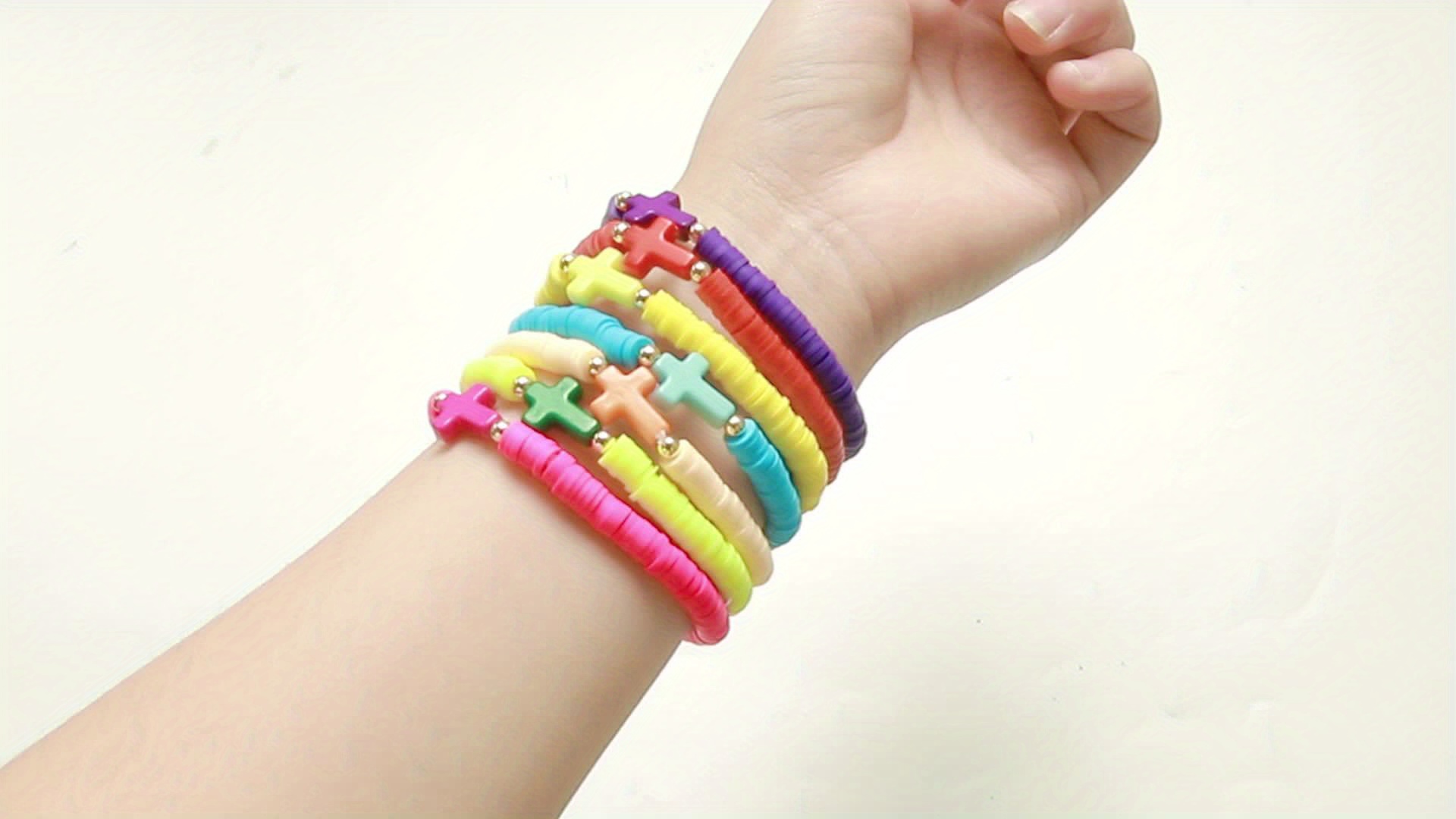 Boho 7pcs Polymer Clay Bracelet Set with Cross Charm - Colorful Beaded Elastic